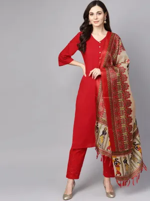 Red 3/4Th Sleeve Rayon Kurta With Palazzo And Printed Dupatta