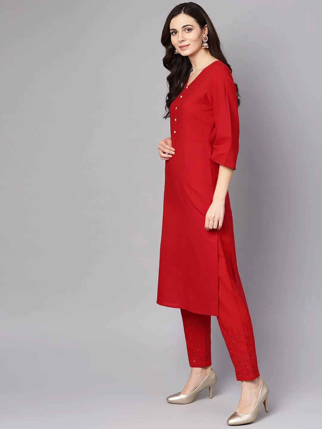 Red 3/4Th Sleeve Rayon Kurta With Palazzo And Printed Dupatta