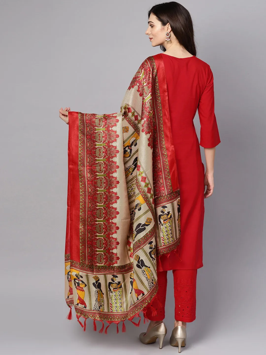 Red 3/4Th Sleeve Rayon Kurta With Palazzo And Printed Dupatta