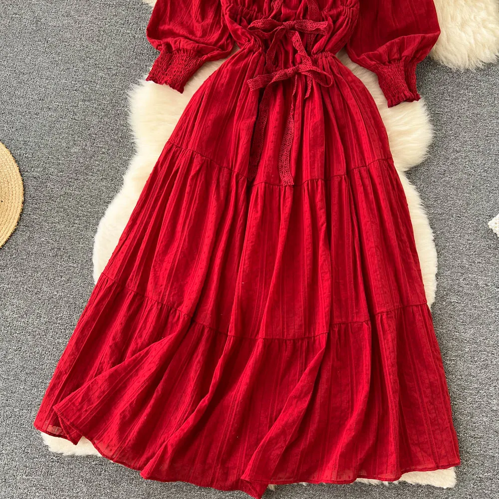 Red A line long sleeve dress fashion dress     S155