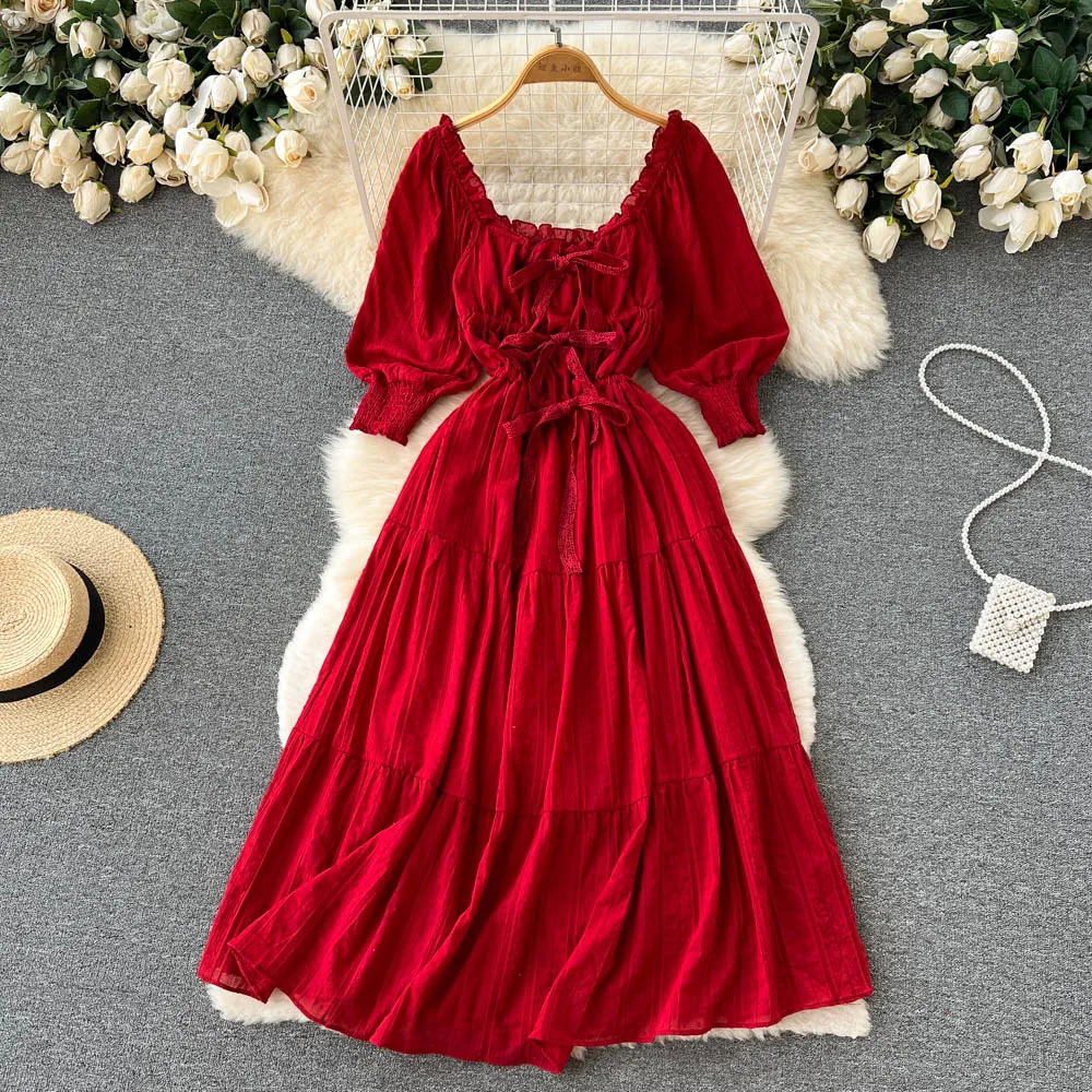 Red A line long sleeve dress fashion dress     S155