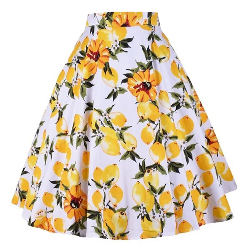 Robe Summer Travel Casual 50s 60s Women Skirt Lemon Floral Print Costume Cotton A-Line Knee-Length Plus Size Pin Up Swing Jurken