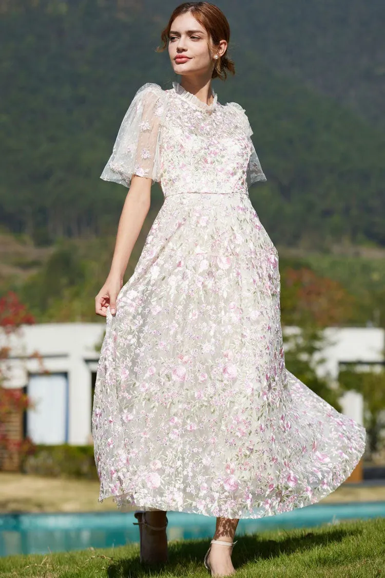 Romantic Ruffle Neck Puff Sleeve Floral Embroidered Tulle Evening Maxi Dress - Pink