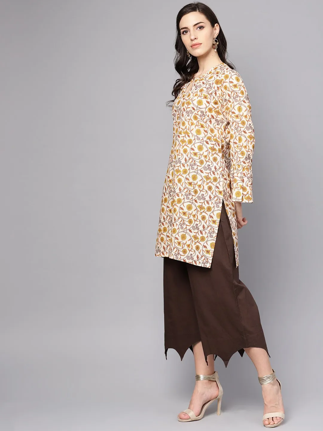 Round Neck Kurta With Gathered Full Sleeves & Handkerchief Palazzo