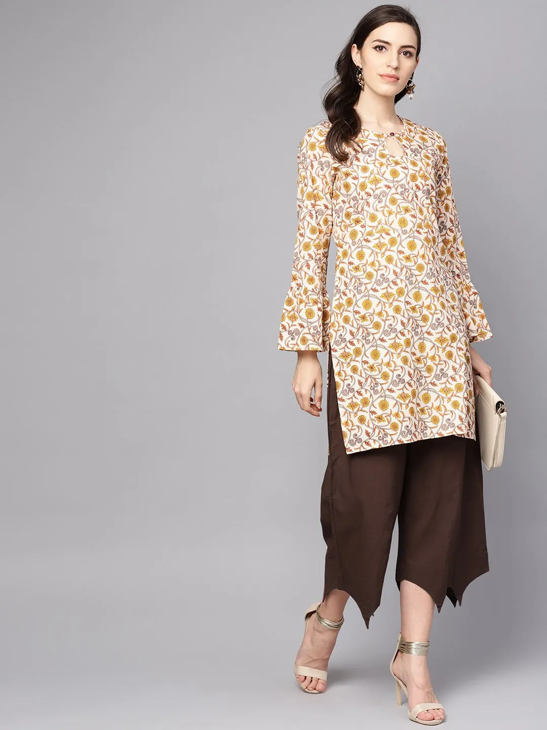 Round Neck Kurta With Gathered Full Sleeves & Handkerchief Palazzo