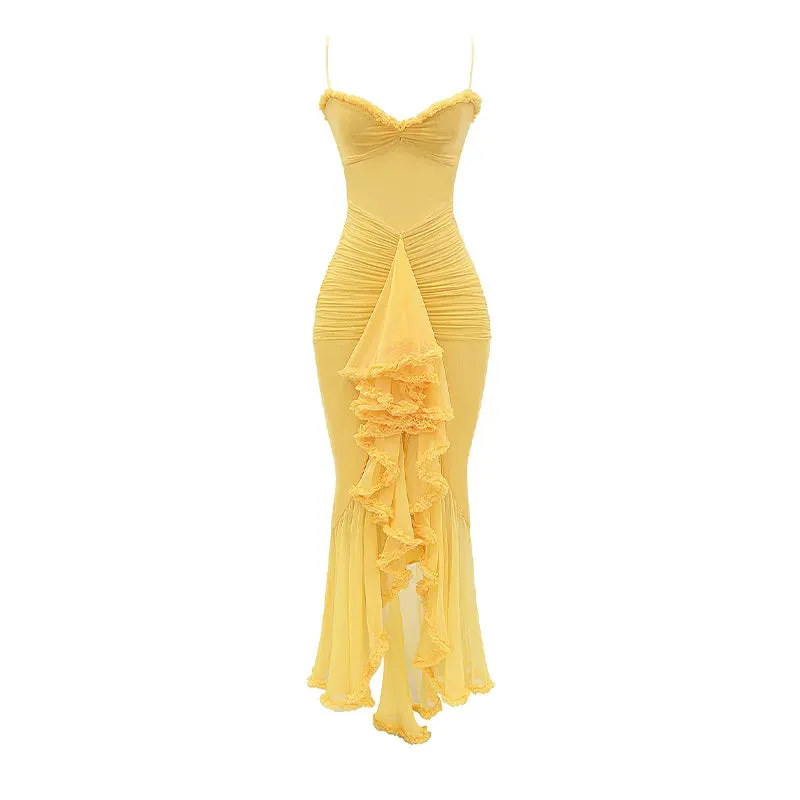 Ruffles Hem Pleated Sling Maxi Dress Sexy Sleeveless Backless Slim Robes