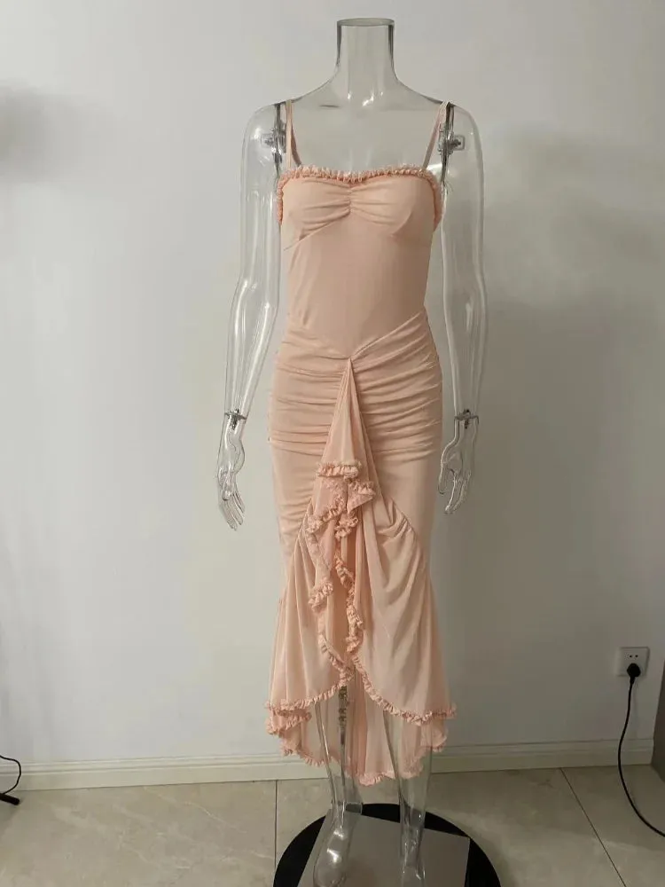 Ruffles Hem Pleated Sling Maxi Dress Sexy Sleeveless Backless Slim Robes