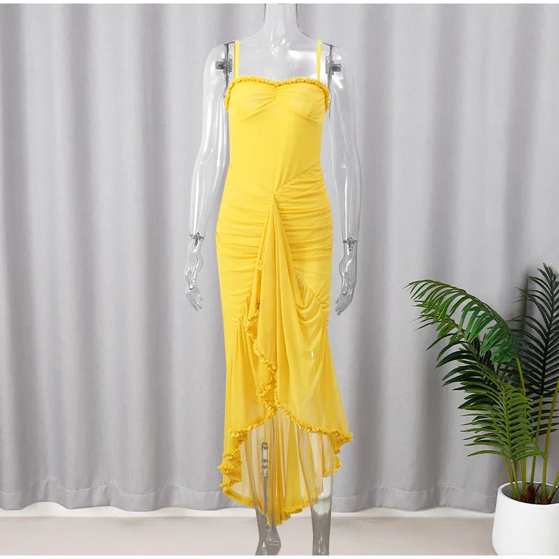 Ruffles Hem Pleated Sling Maxi Dress Sexy Sleeveless Backless Slim Robes