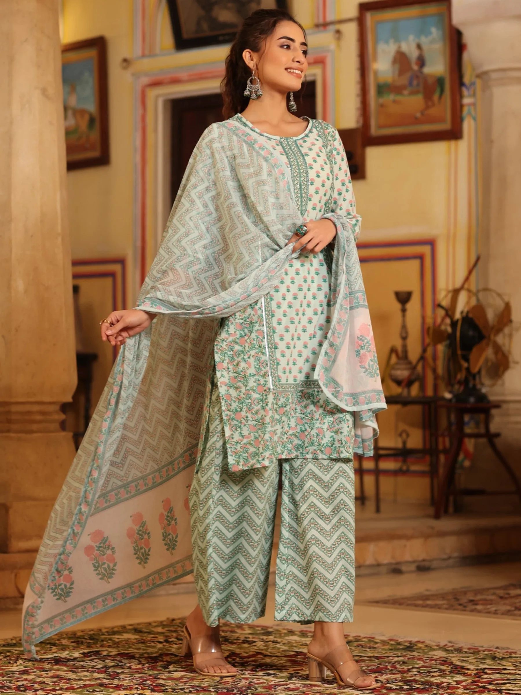 Seagreen Cambric Printed Straight Kurta Sets