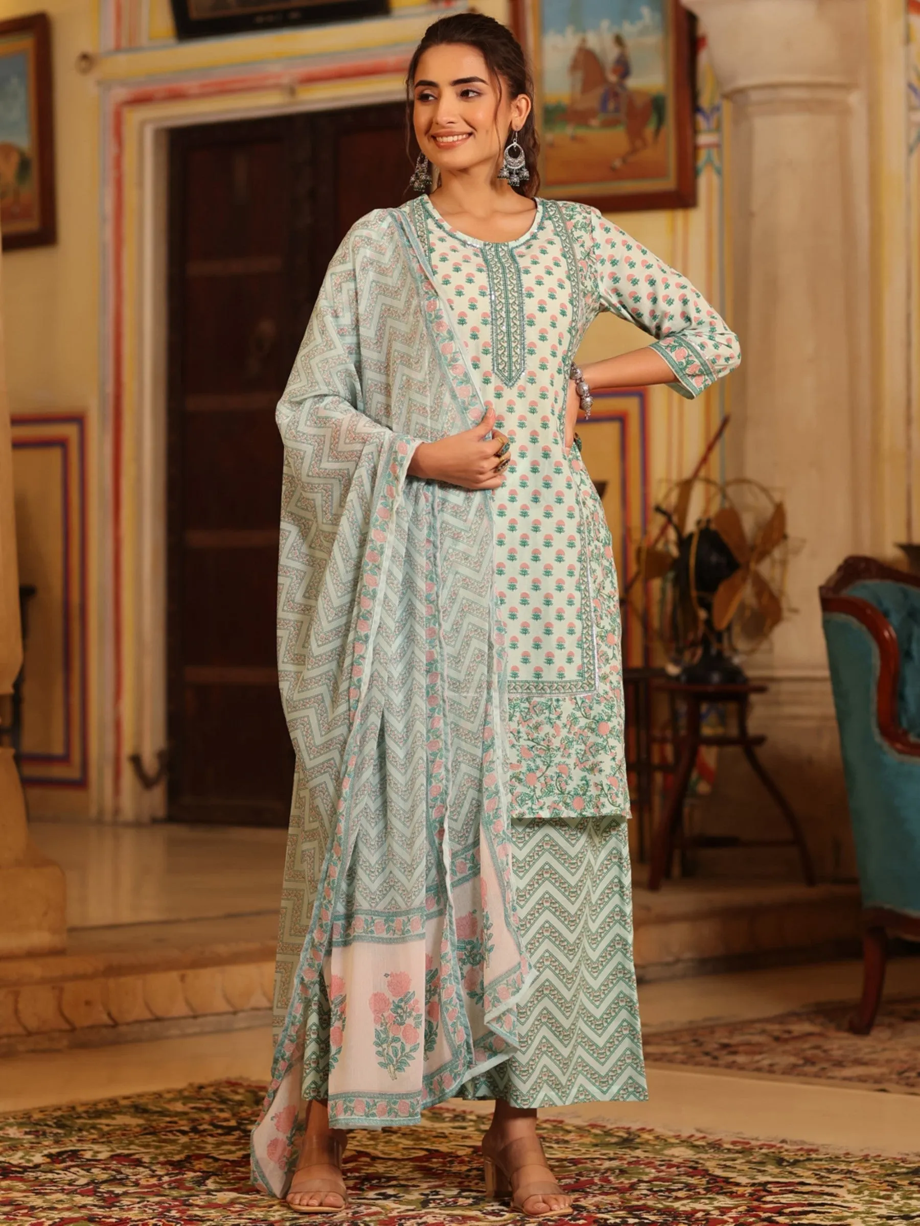 Seagreen Cambric Printed Straight Kurta Sets