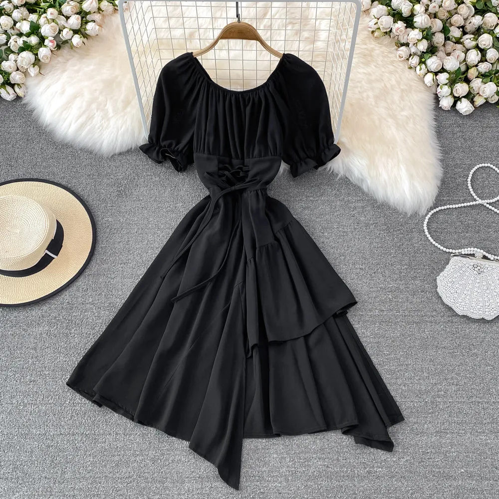 Simple lace-up dress with irregular dress       S508