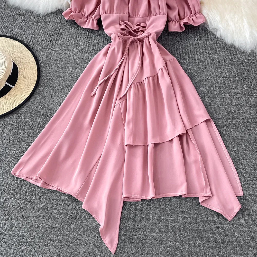 Simple lace-up dress with irregular dress       S508