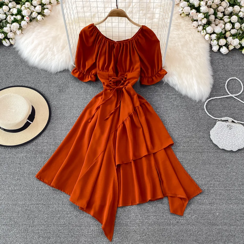 Simple lace-up dress with irregular dress       S508