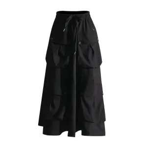 Solid Patchwork Pockets Casual Loose Skirts For Women High Waist Spliced Drawstring Minimalsit Skirt Female