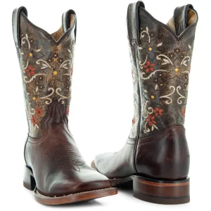 Soto Boots Brown Embroidered Floral Square Toe Cowgirl Boots M4006