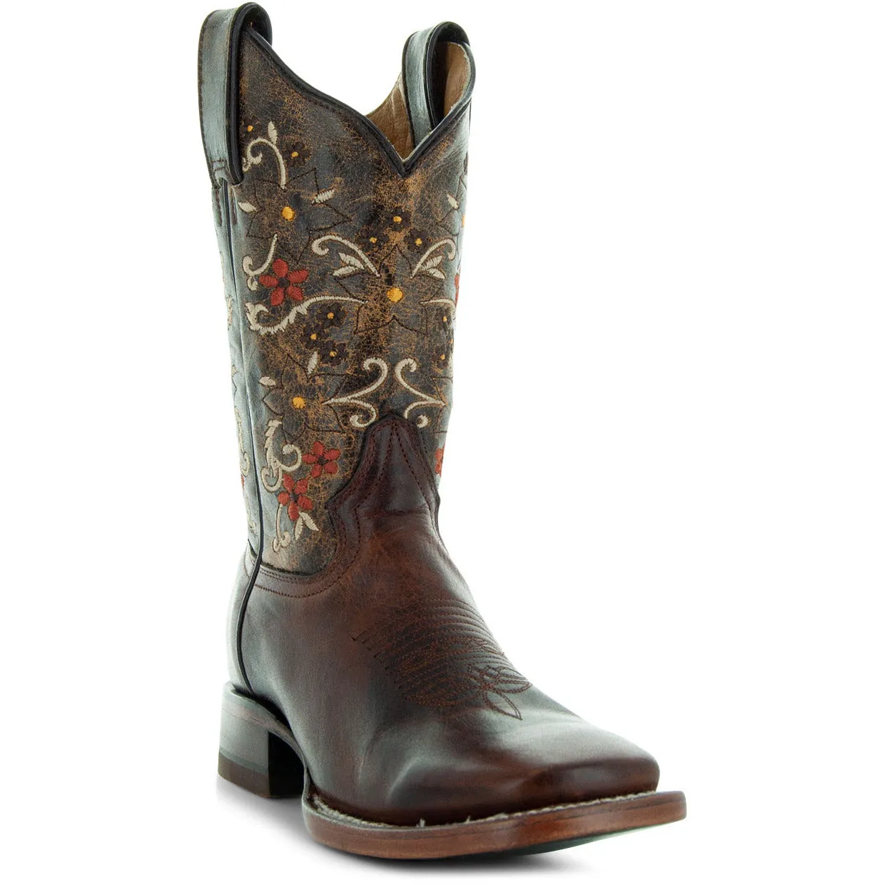 Soto Boots Brown Embroidered Floral Square Toe Cowgirl Boots M4006