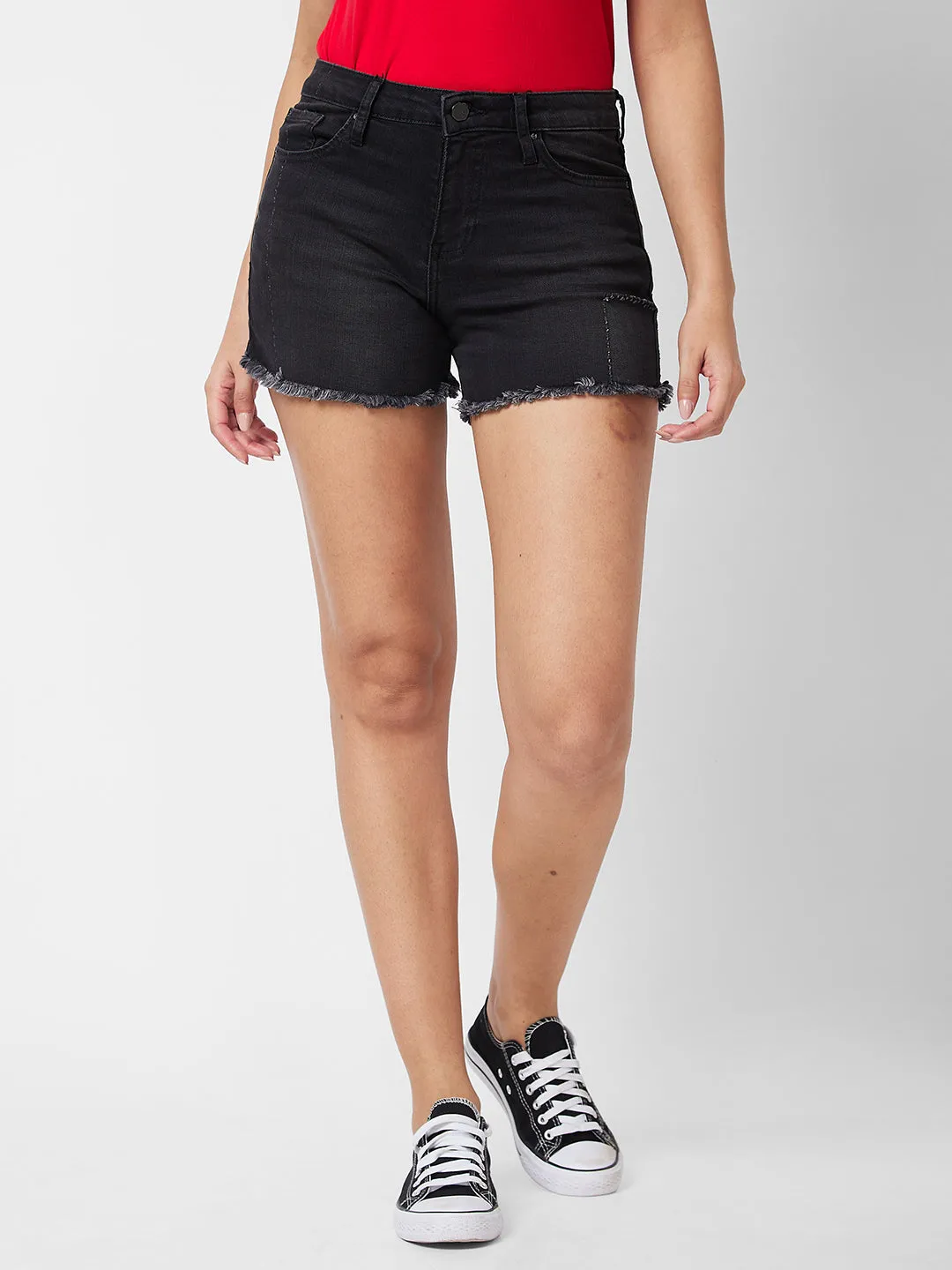 Spykar Mid Rise Black Shorts For Women