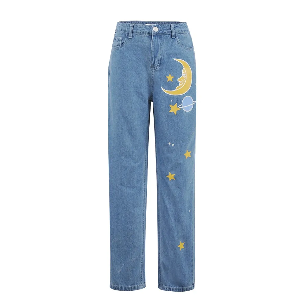 Straight Women's Cute Jeans Baggy Vintage High Waist Moon Star Pattern Young Girls Denim Pants Streetwear 2024 Female Long Jeans