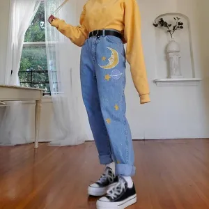 Straight Women's Cute Jeans Baggy Vintage High Waist Moon Star Pattern Young Girls Denim Pants Streetwear 2024 Female Long Jeans