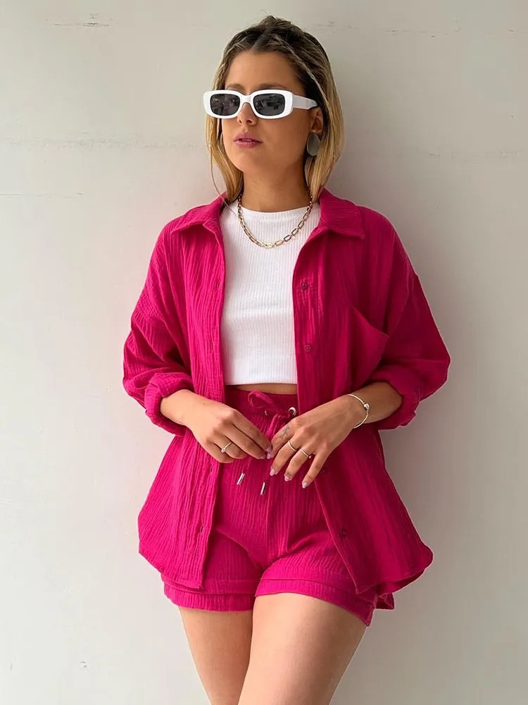 Summer Fashion Chic Pleated Lapel Shirt Sets With High Waist Shorts Sets