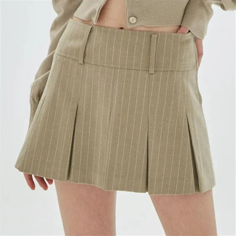 Suninheart Pleated Skirts Vintage Striped Women High Waist Preppy Style Korean Sexy Slim A Line Mini Skirt School Uniform Casual