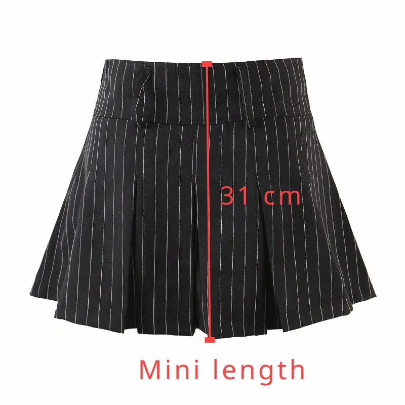 Suninheart Pleated Skirts Vintage Striped Women High Waist Preppy Style Korean Sexy Slim A Line Mini Skirt School Uniform Casual