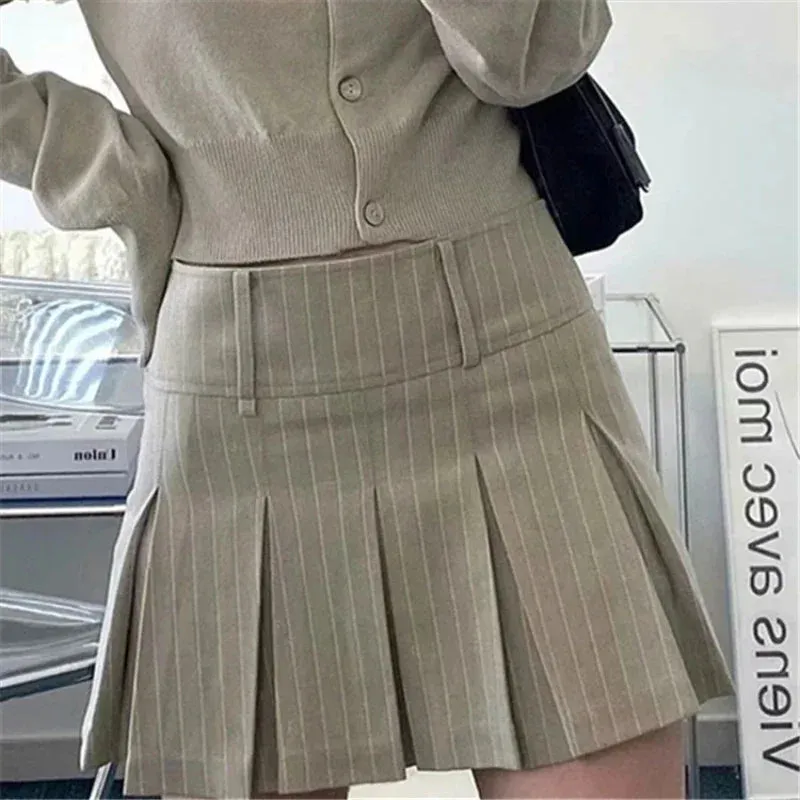 Suninheart Pleated Skirts Vintage Striped Women High Waist Preppy Style Korean Sexy Slim A Line Mini Skirt School Uniform Casual