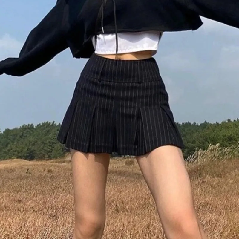 Suninheart Pleated Skirts Vintage Striped Women High Waist Preppy Style Korean Sexy Slim A Line Mini Skirt School Uniform Casual