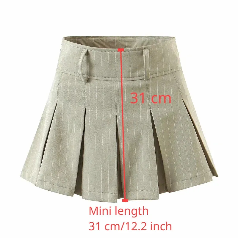 Suninheart Pleated Skirts Vintage Striped Women High Waist Preppy Style Korean Sexy Slim A Line Mini Skirt School Uniform Casual