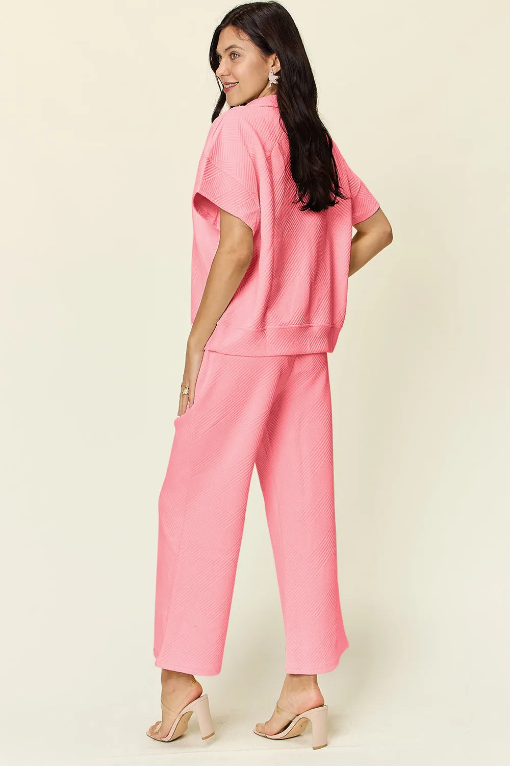 Texture Half Zip Short Sleeve Top and Pants Set