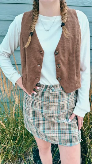 Toffee Twine High Waisted Plaid Skirt