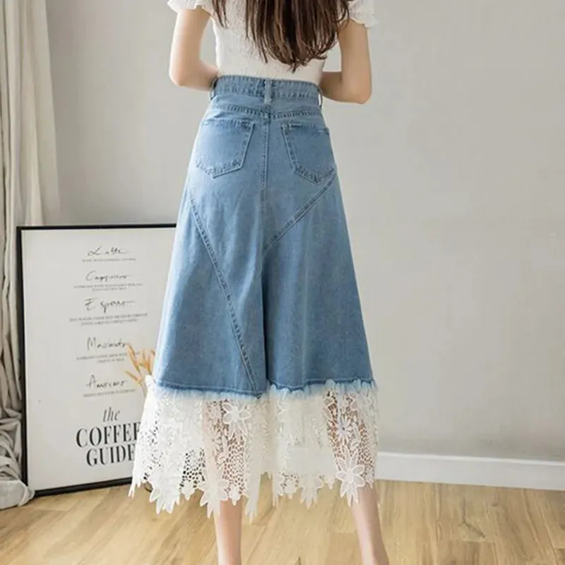 Toleet-Lace Patchwork Denim Skirt Woman Korean High Waist Blue Midi Skirts Women Summer Fashion Plus Sized 3Xl A-Line Skirt