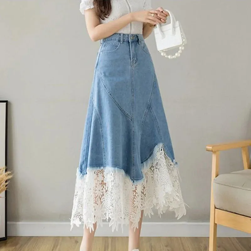 Toleet-Lace Patchwork Denim Skirt Woman Korean High Waist Blue Midi Skirts Women Summer Fashion Plus Sized 3Xl A-Line Skirt