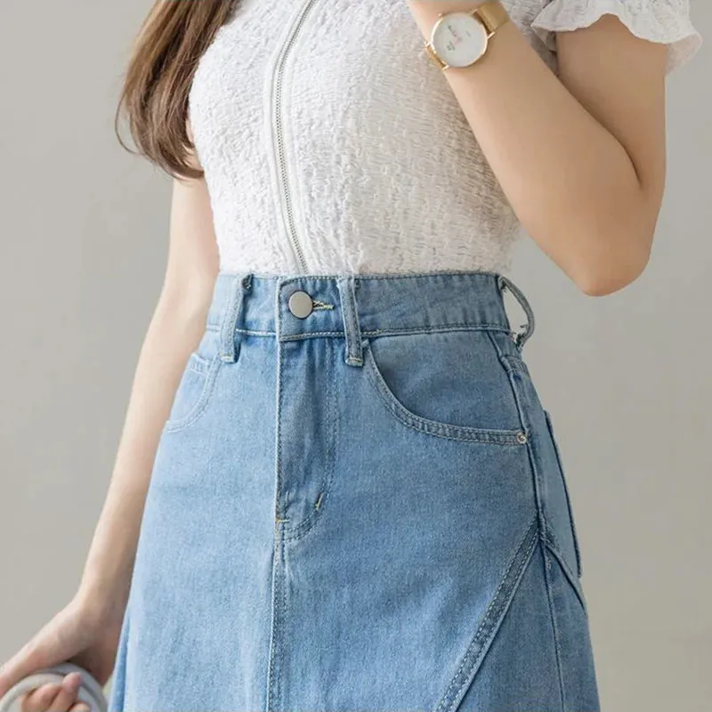 Toleet-Lace Patchwork Denim Skirt Woman Korean High Waist Blue Midi Skirts Women Summer Fashion Plus Sized 3Xl A-Line Skirt