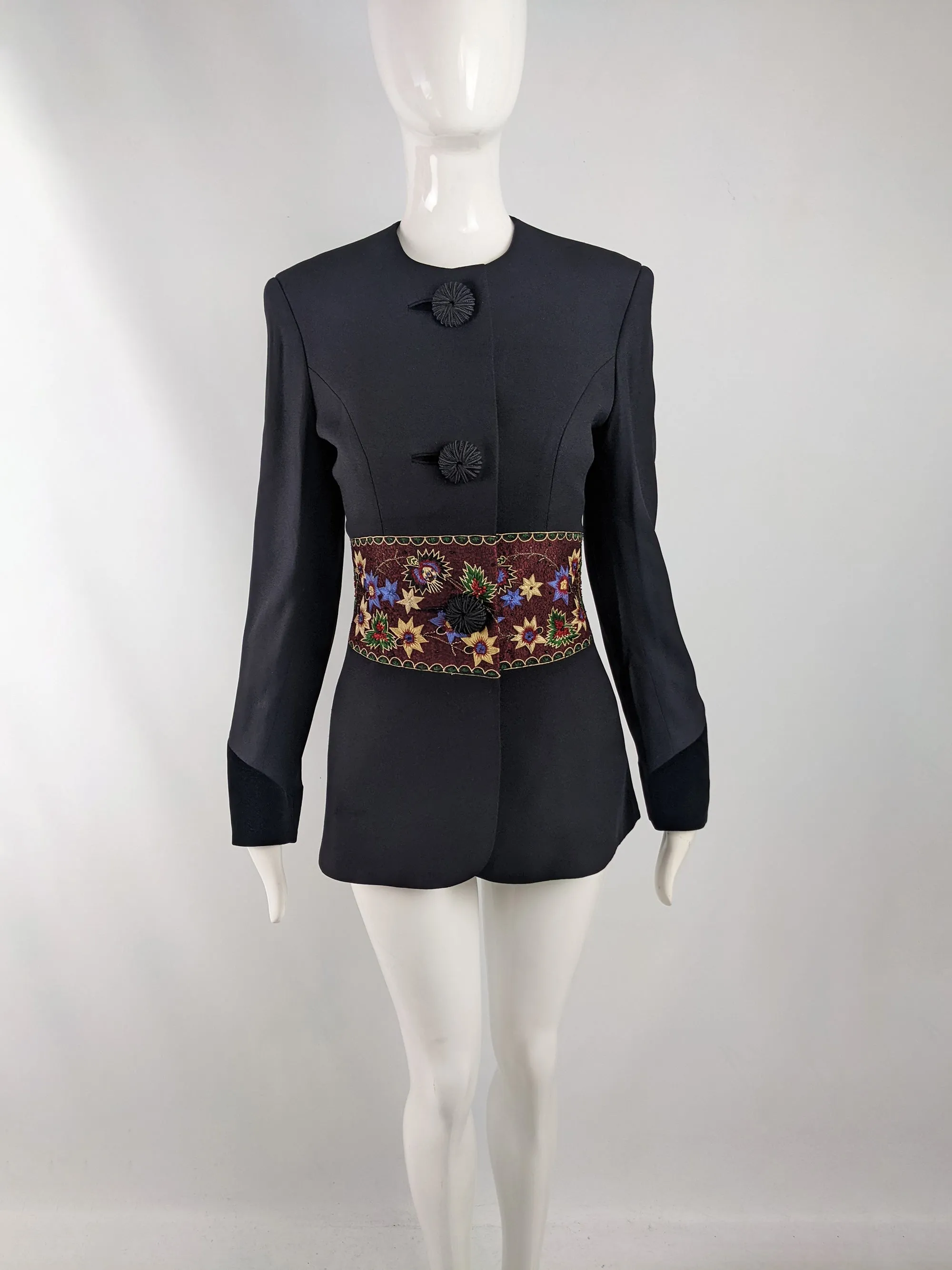 Tomasz Starzewski Vintage Black Crepe Embroidered Jacket, 1980s