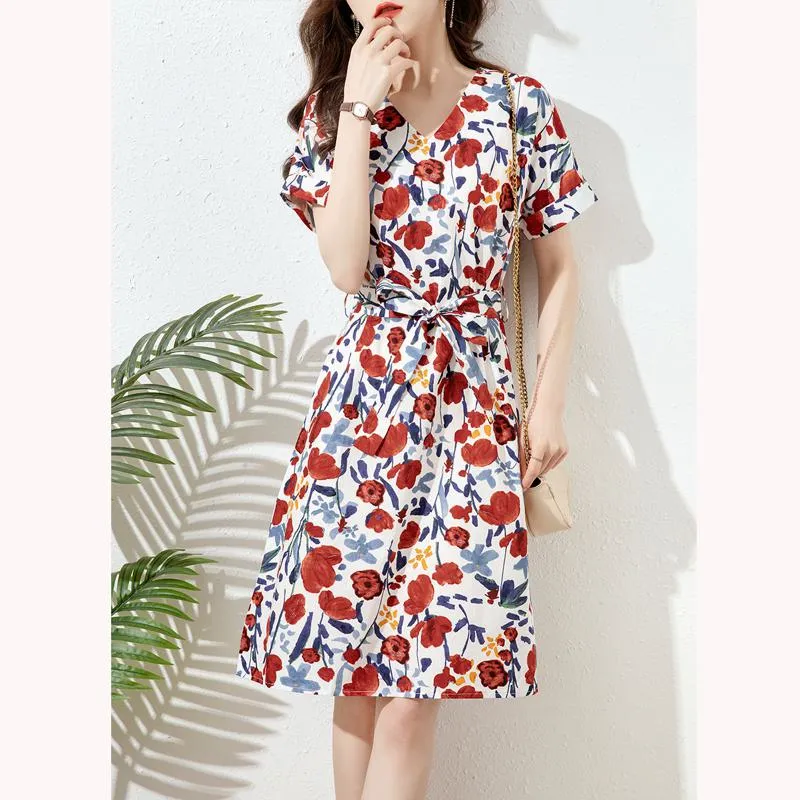 V-Neck Chic Tie-Up Print Floral Print Slimming Cinched Waist Dress