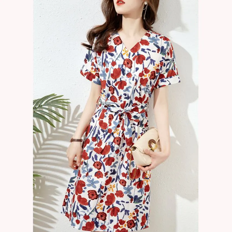 V-Neck Chic Tie-Up Print Floral Print Slimming Cinched Waist Dress