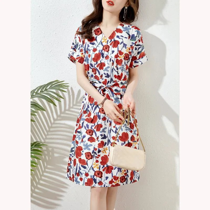 V-Neck Chic Tie-Up Print Floral Print Slimming Cinched Waist Dress