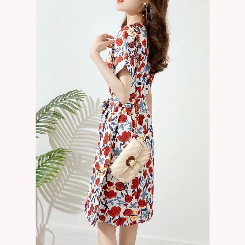 V-Neck Chic Tie-Up Print Floral Print Slimming Cinched Waist Dress