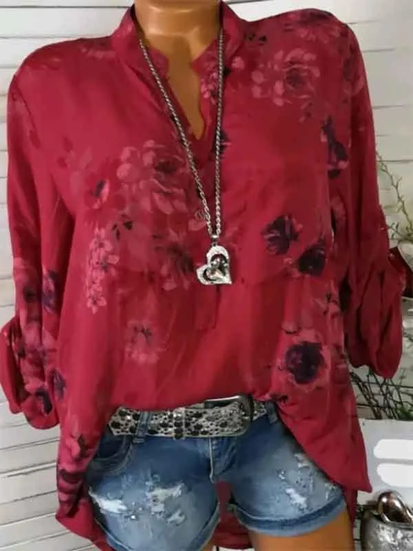 V-neck Floral Long Sleeves Blouses&shirts Tops