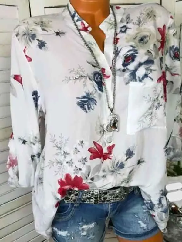 V-neck Floral Long Sleeves Blouses&shirts Tops