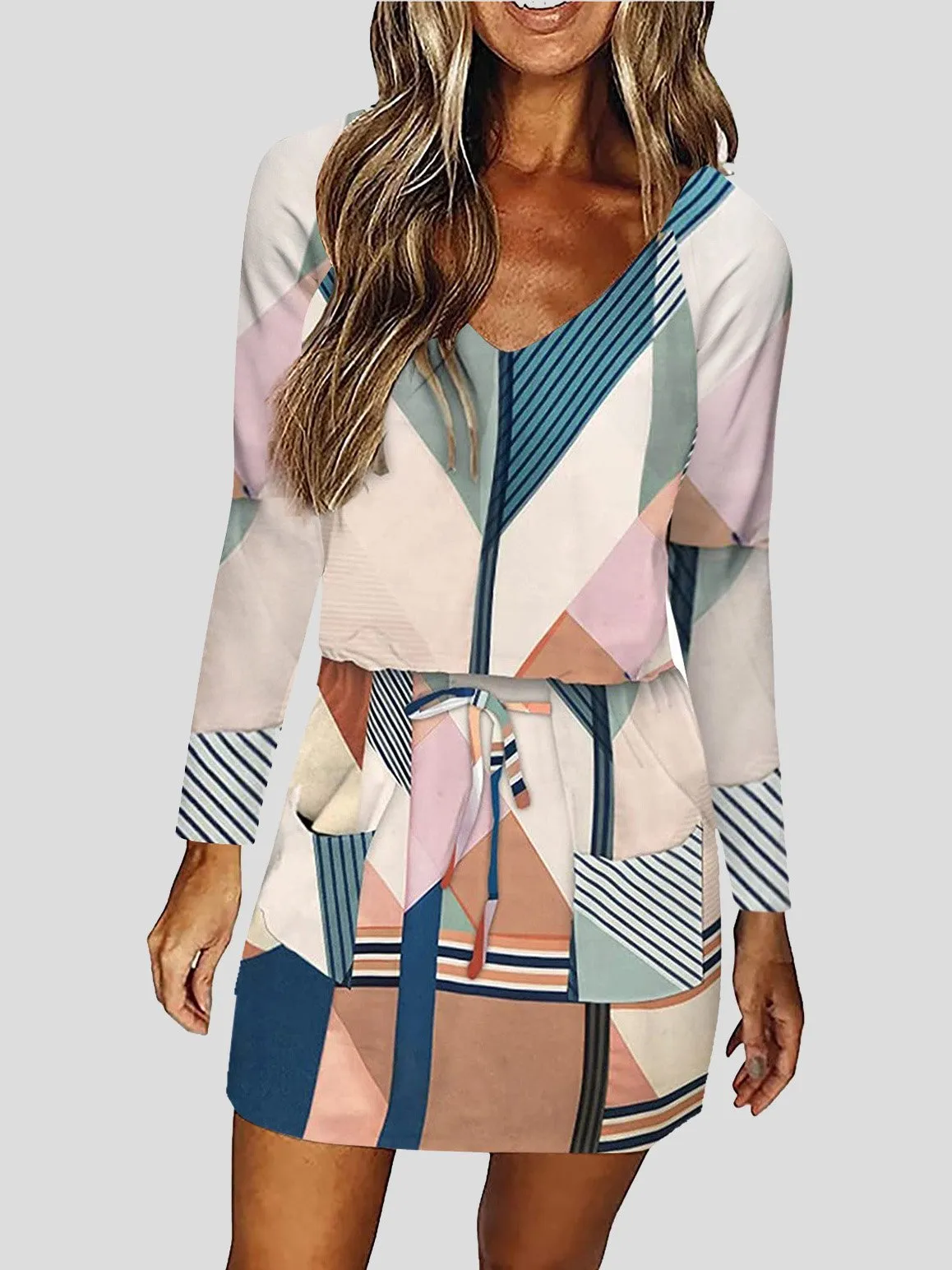 V-Neck Lace-Up Multicolor Printed Long Sleeve Dress