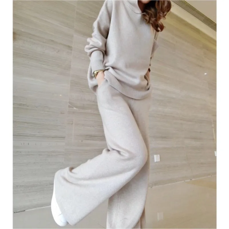 Wenkouban 2023 Autumn Winter Women  Solid Color Hooded Pullover Knit Sweater   Casual Wide Leg Pants Fashion Two Piece Set