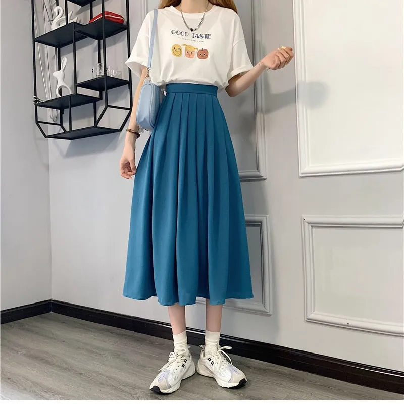 Wenkouban   Graduation Gifts Casual Lace-up Women Pleated Mid-length Skirts 2023 Summer High Waist Female A-line Long Skirts Elegant Loose Skirts