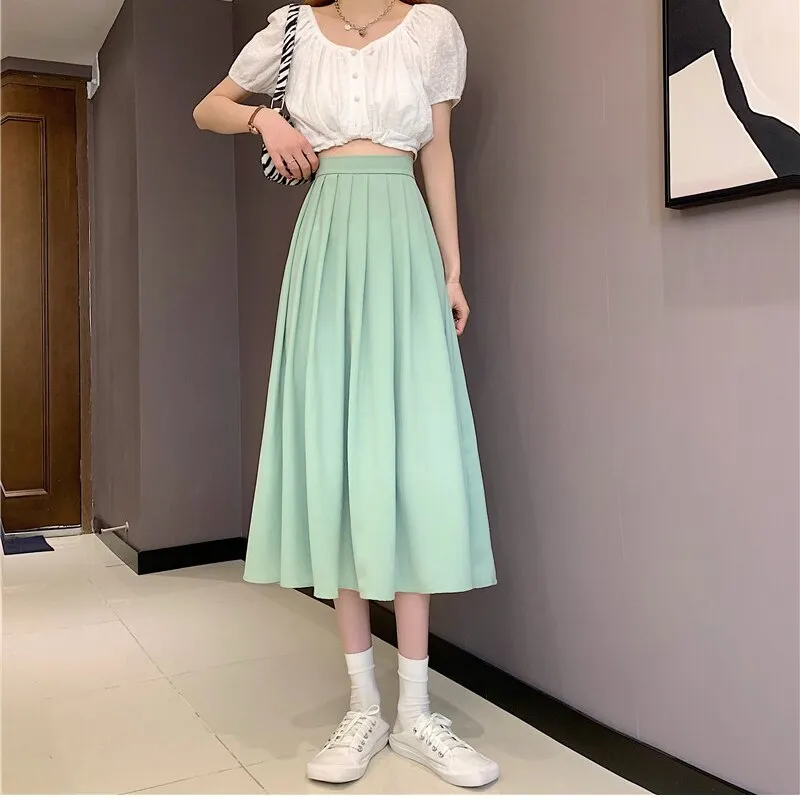 Wenkouban   Graduation Gifts Casual Lace-up Women Pleated Mid-length Skirts 2023 Summer High Waist Female A-line Long Skirts Elegant Loose Skirts