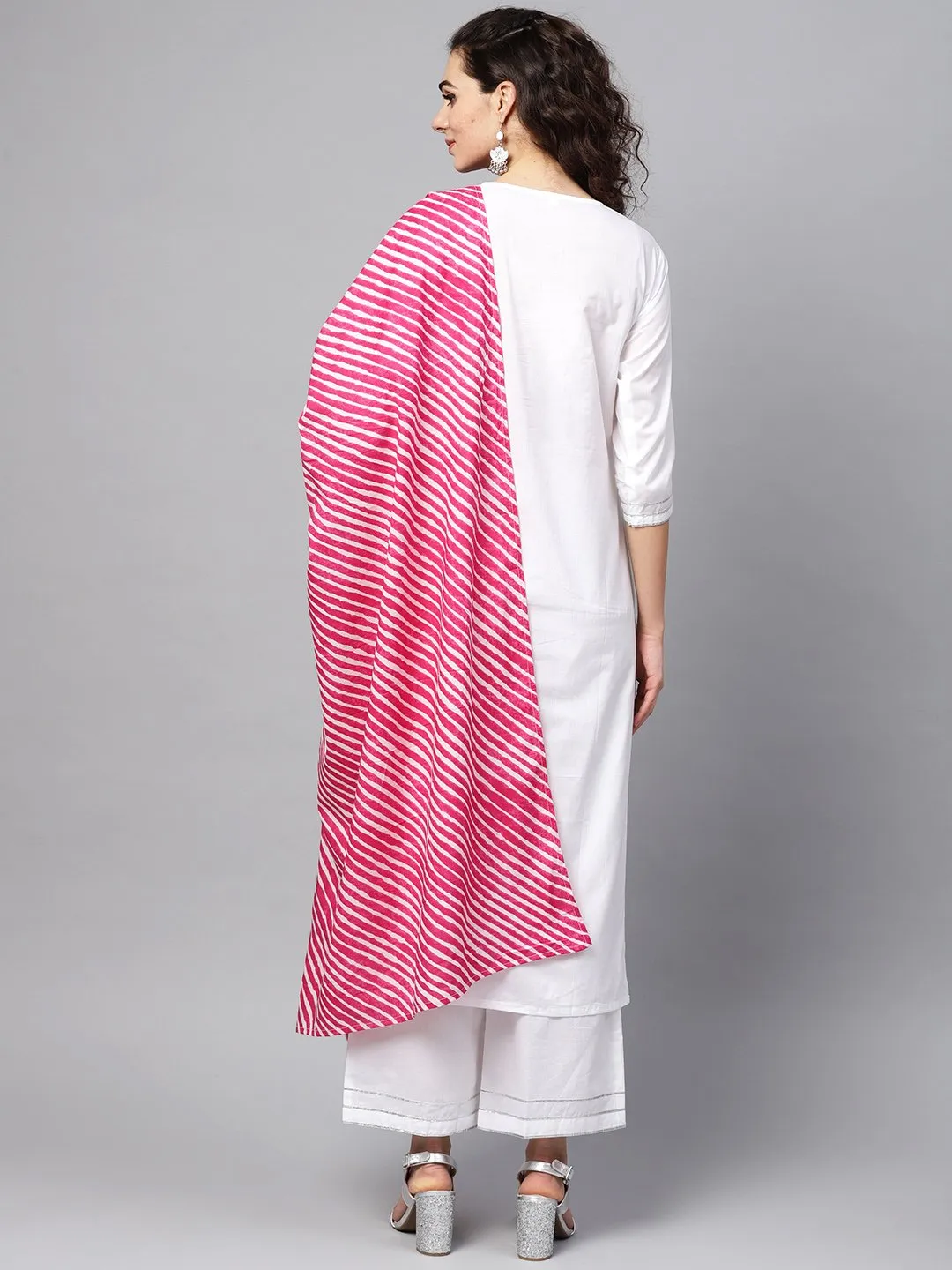 White Kurta Set With Palazzo &  Cotton Megenta Lehriya Dupatta