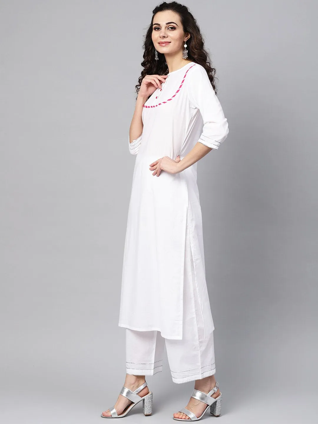 White Kurta Set With Palazzo &  Cotton Megenta Lehriya Dupatta