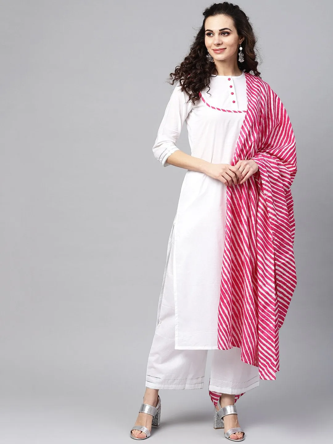 White Kurta Set With Palazzo &  Cotton Megenta Lehriya Dupatta