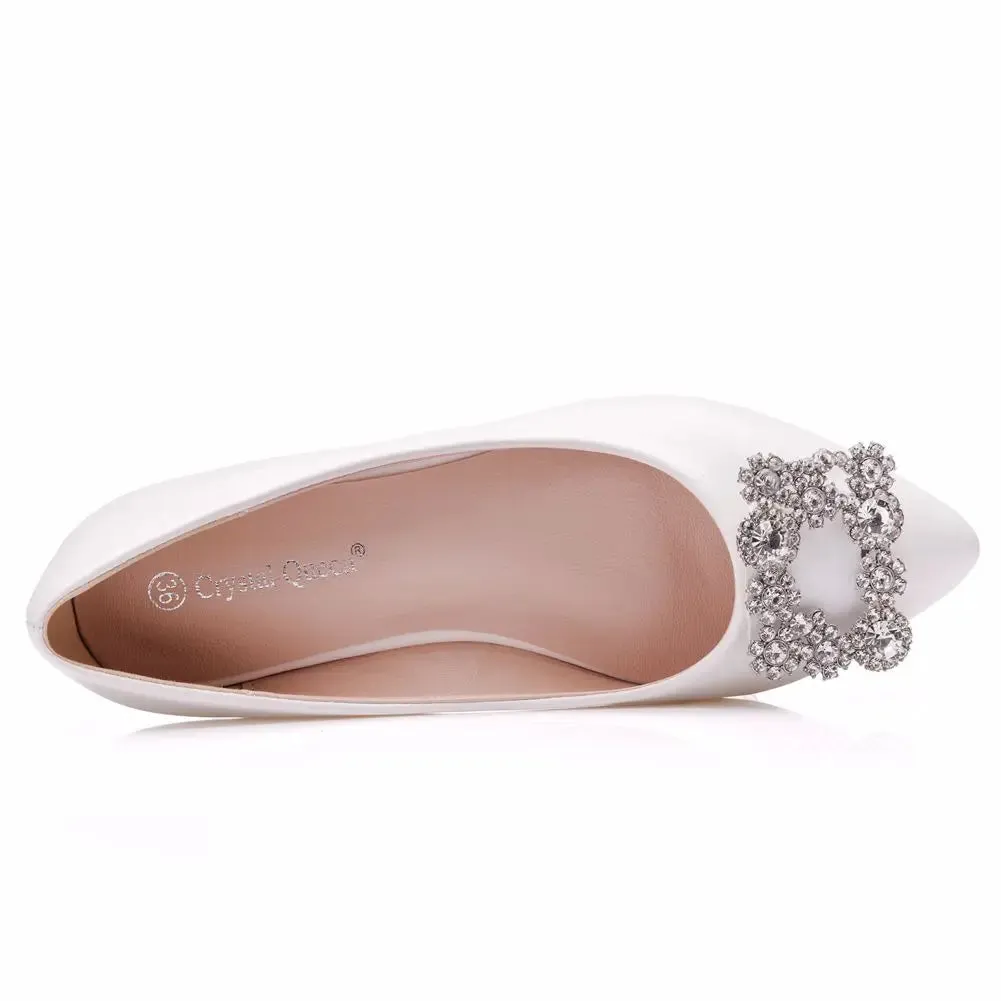 White Pointed Toe Rhinestone Metal Decoration Flats Casual Ladies Party Shoes