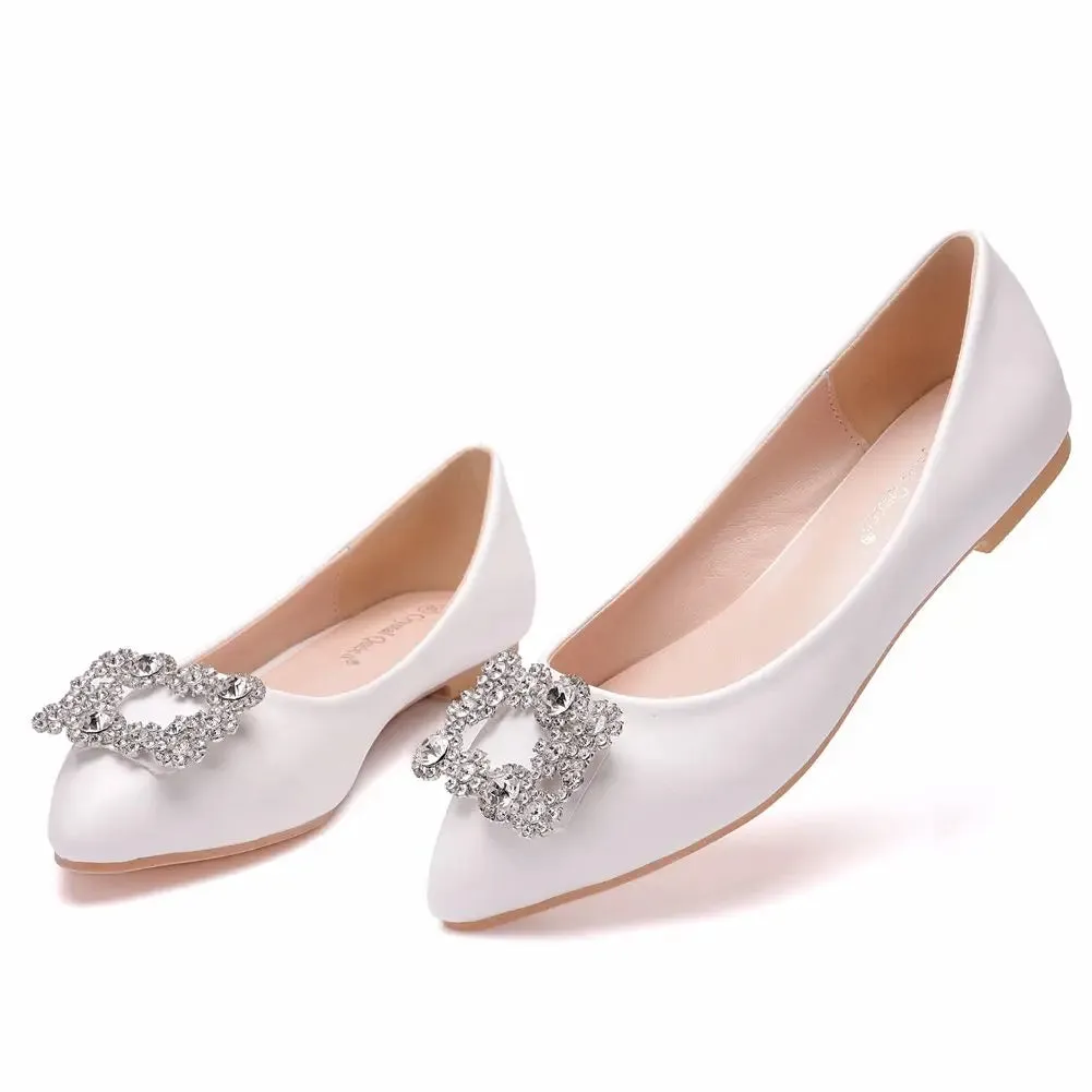 White Pointed Toe Rhinestone Metal Decoration Flats Casual Ladies Party Shoes